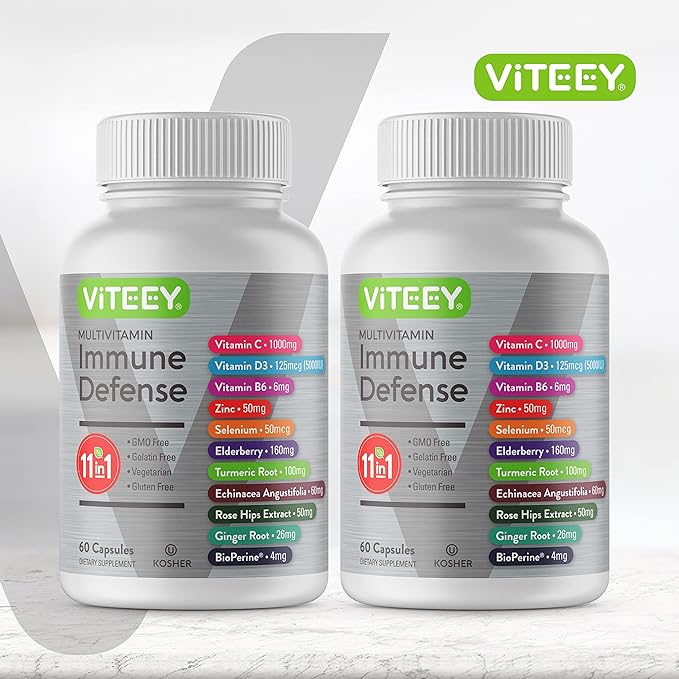 11 in 1 Multivitamin Immune Defense Supplement - Immune Booster Capsules with Vitamin D3, Vitamin B6, Echinacea, Turmeric, Rose-HIPS, Selenium, BioPerine, Ginger, Elderberry Vitamin C and Zinc