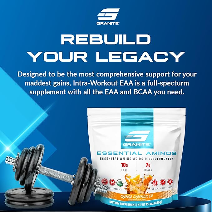 Granite Essential Amino Acids Powder for Muscle Recovery and Growth with 10g EAAs and 7g BCAAs - Soy-Free, Gluten-Free, 448g (30 Servings), Orange Creamsicle Flavor