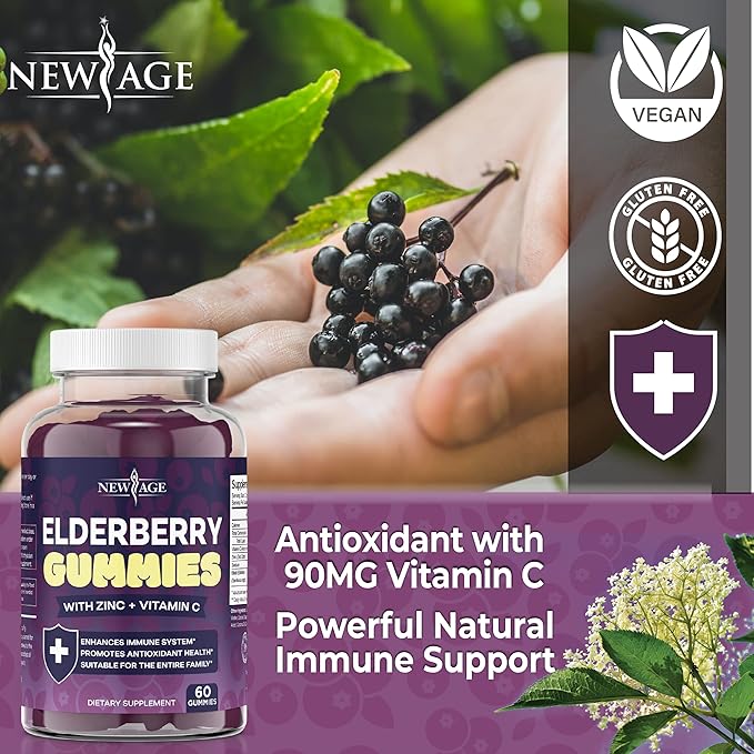 NEW AGE (2-Pack) Premium Elderberry Gummies for Adults Kids with Vitamin C, Zinc, Propolis - Sambucus Black Elderberry Gummy Extract - Gluten Free & Vegetarian - 120 Gummies