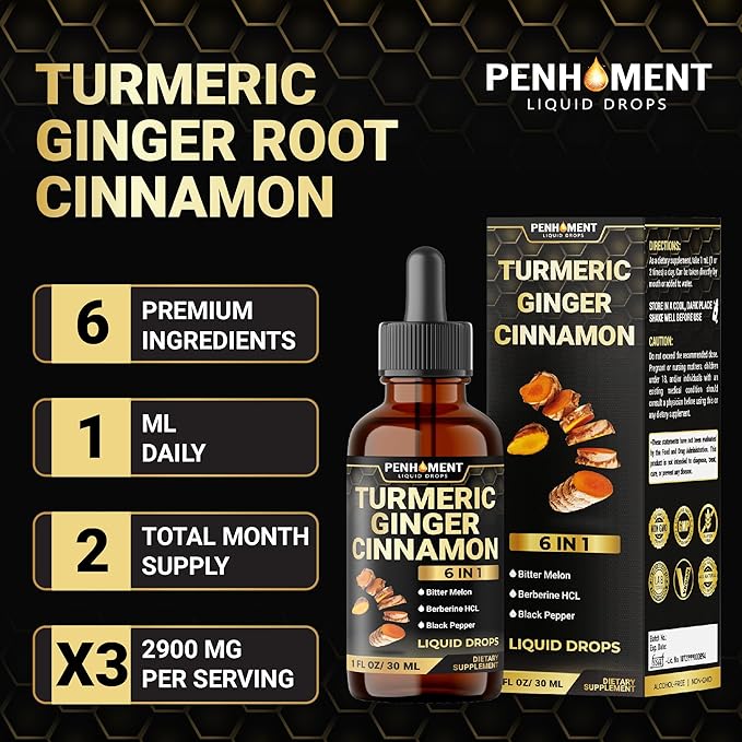 6in1 Liquid Turmeric Curcumin with Ginger, Berberine, Ceylon Cinnamon, Bitter Melon, Black Pepper - Drops Extract for Joint Support - 2Packs of 1 Fl Oz