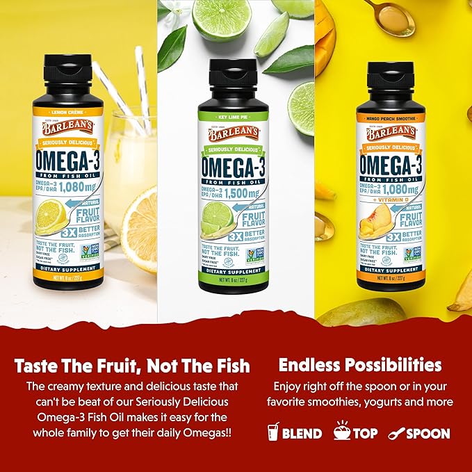 Barlean's Omega 3 Fish Oil Liquid Supplement Pack of 3, EPA and DHA Fatty Acid, Smoothie Flavored for Brain, Joint, and Heart Health, Includes Key Lime Pie, Lemon Crème and Mango Peach Flavors, 8 oz