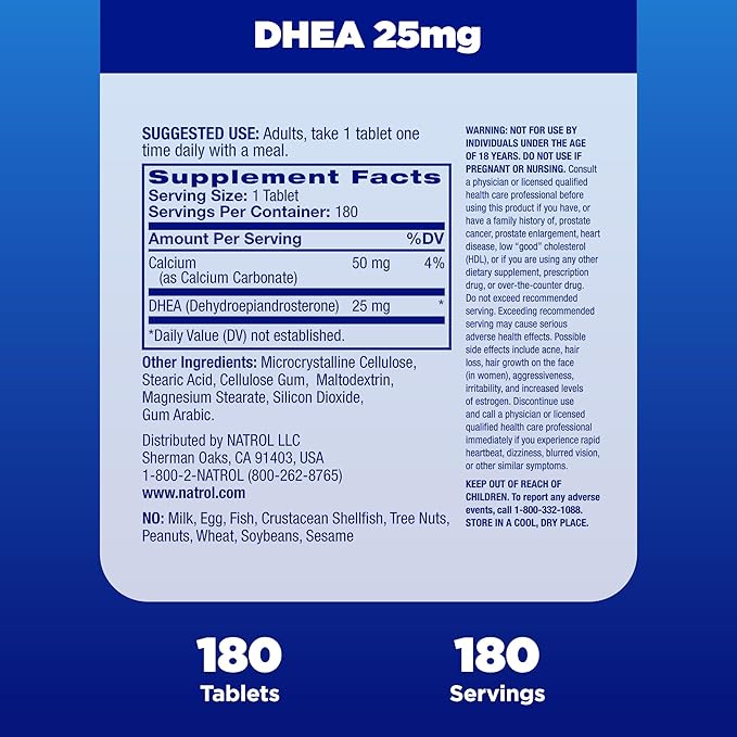 Natrol Mood & Stress DHEA 25mg with Calcium, Dietary Supplement for Balance of Certain Hormone Level and Mood Support, 180 Tablets, 180 Day Supply (Pack of 12)