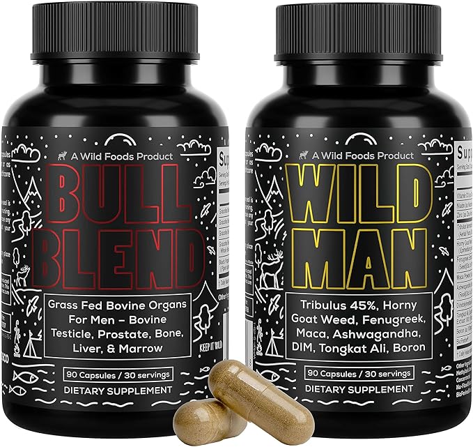 Wild Foods Men's Vitality Formula – Grass-Fed Bovine Supplement & Beef Liver Capsules with Testicle, Prostate, Whole Bone | Primal and Carnivore Diet Approved | 90 Organ Meat Capsules (30-Day Supply)