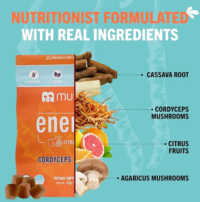 Mushie 100% Organic Cordyceps Mushroom Gummies - 2000mg Cordyceps Militaris Nootropic for Energy & Immune Support with Vitamin D - Vegan, Gluten-Free - 60 Count