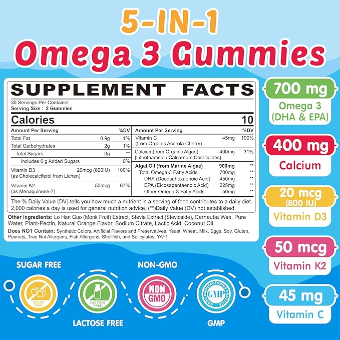 Kids Omega 3 Gummies with Calcium, Vitamin D3 & K2, C, Omega-3 DHA Gummies for Focus and Memory, Bone Health & Immune Support, Kids Omega3 Supplement - No Fish Taste, Non-GMO, Chewable, 60 Counts