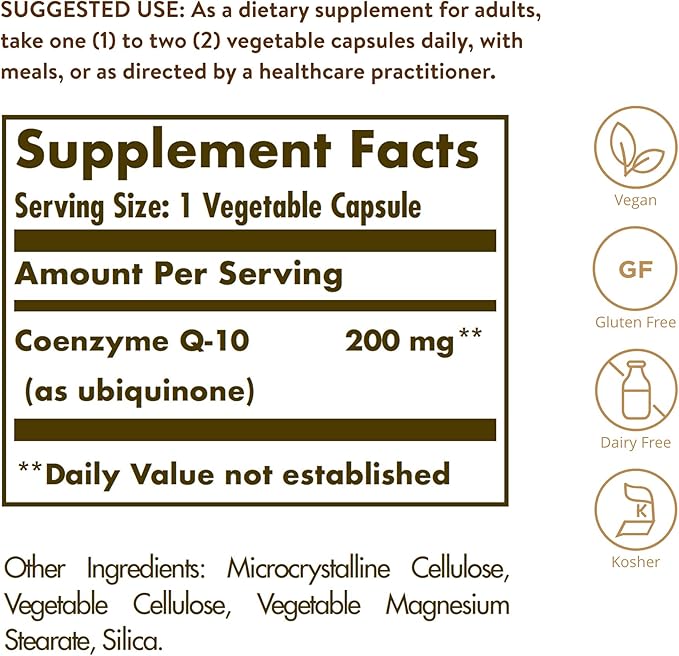 Solgar Vegetarian CoQ-10 200 mg, 30 Vegetable Capsules - Heart Healthy, Protective Antioxidant - Coenzyme Q10 (CoQ-10) Supplement - Vegan, Gluten Free, Dairy Free, Kosher - 30 Servings