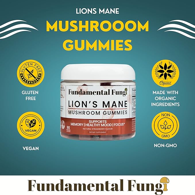 Organic Lion's Mane Mushroom Gummies | 90 Servings | Brain Health, Focus, Clarity, & Memory Mushroom Supplement Gummies | 90 Organic Lions Mane Gummies for Adults