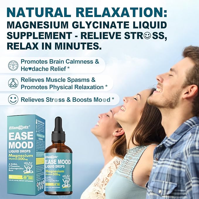 Magnesium Glycinate Liquid Drops for Kids, Adults with GABA, Ashwagandha, L-Theanine, Vitamin D3, B6, Saffron for Brain Calm, Muscle Relaxation, Mood, Zzz- Calm Magnesium Supplement, Vegan, 2 Pack