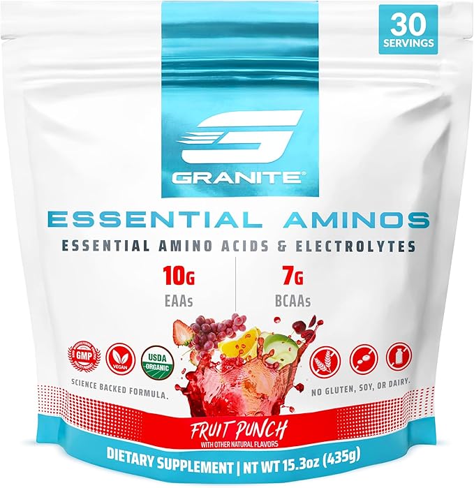 Granite Essential Amino Acids Powder for Muscle Recovery and Growth with 10g EAAs and 7g BCAAs - Soy-Free, Gluten-Free, 448g (30 Servings), Fruit Punch Flavor