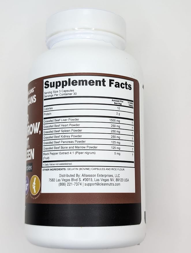 Clean Nutraceuticals Grass Fed Beef Liver Capsules - Premium Quality Supplement Packed with Desiccated, Beef Heart, Beef Spleen, Beef Pancreas Plus Bone & Marrow Dao Enzyme Pills