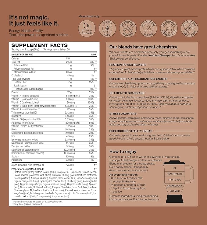 Shakeology 0g Added Sugar Whey Protein Powder Blend - Gluten Free, Superfood Protein Shake with Vitamins and Minerals - Helps Support Healthy Weight Loss, Lean Muscle Support - Chocolate, 30 Servings