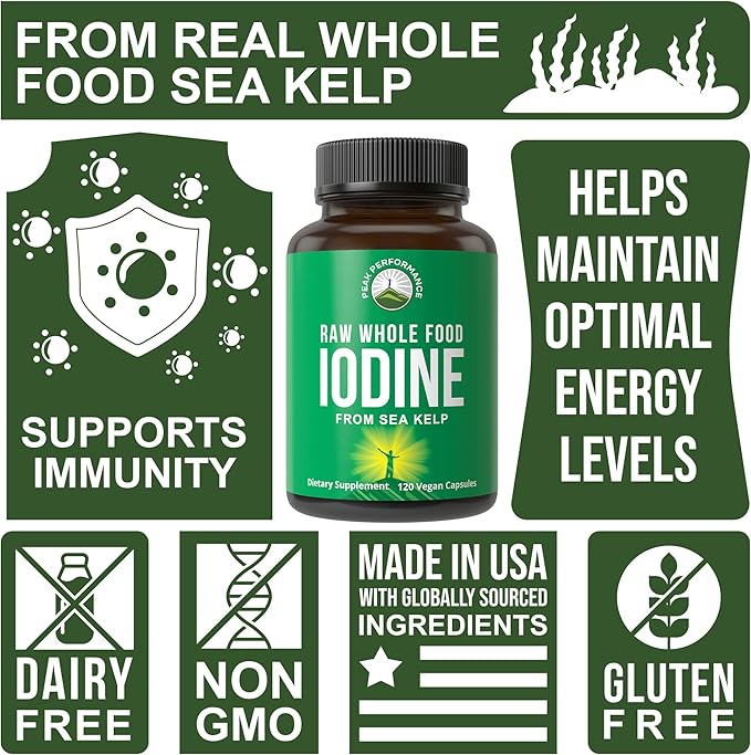 Peak Performance Raw Whole Food Iodine Supplement from Organic Kelp (Ascophyllum Nodosum) Potassium Iodide Support Tablets. for Metabolism, Energy, and Immune. 120 Vegan Capsules, Pills.