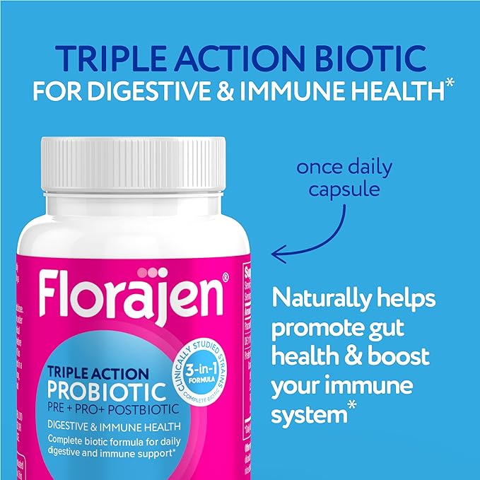 Florajen Complete Probiotic, Prebiotic, & Postbiotic, Women & Men's Daily Immune Support & Digestive Supplement for Constipation and Bloating Relief, 30 Capsules