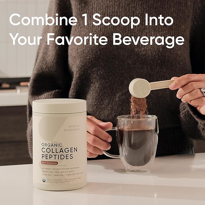 Sports Research® Organic Collagen Peptides (Dark Chocolate) - Hydrolyzed Type I & III Collagen Protein Powder with Amino Acids - USDA Organic, Gluten Free, Sustainably Sourced - 30 Servings