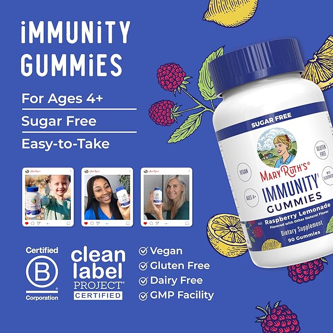 MaryRuth Organics Sugar Free Immunity Gummies | Powerful Blend | Elderberry Vitamin C & Zinc | Vitamin D3 & Echinacea | Immune Support Supplement | Gummies for Kids & Adults | Vegan | Non GMO | 90ct