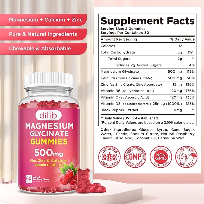 Magnesium Glycinate Gummies 500mg Magnesium Supplement with Calcium, Zinc, Vitamin C, B6, D3-Calm Chewable Gummies for Kids & Adults-Sleep, Mood & Muscle Support-Raspberry Flavor, 60 Gummies