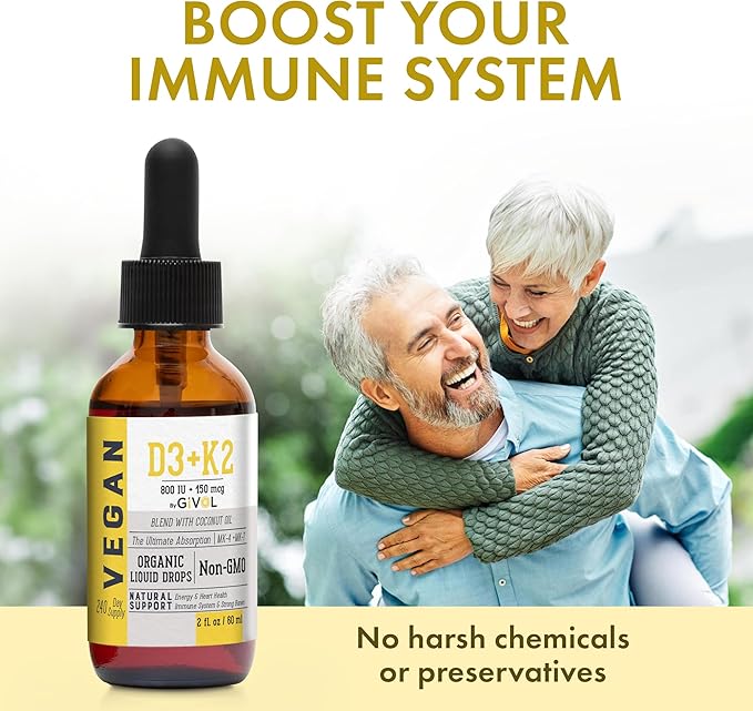 Vitamin D3 + K2 Liquid Drops (MK4 & MK7) Organic Fractionated Coconut Oil, Plant-Based, Gluten-Free, Dairy-Free, Soy-Free, Nut-Free - High Potency, Derived from Lichen & Natto, 2oz 240 Days Supply