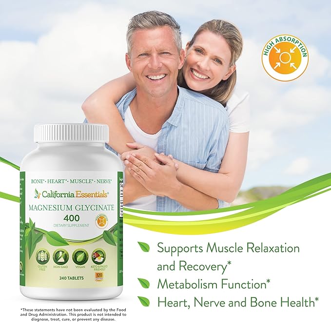 Magnesium Glycinate 400 - Chelated, High Absorption Magnesium for Muscle Relief, Bone & Heart Support -Vegan, Non-GMO, Gluten-Free 240 Tablets (Servings 120, Serving Size (2) 200mg Tablets)