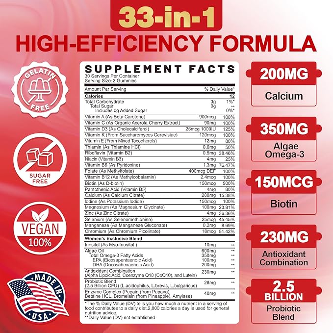 Sugar-Free Womens Multivitamin Gummies, Methylated Multivitamin for Women/w Omega-3, Calcium, Enzymes & Probiotic, Vitamin A, C, D3, Folate, Biotin, Inositol - Skin, Hair Growth, Immune, Bone - Vegan