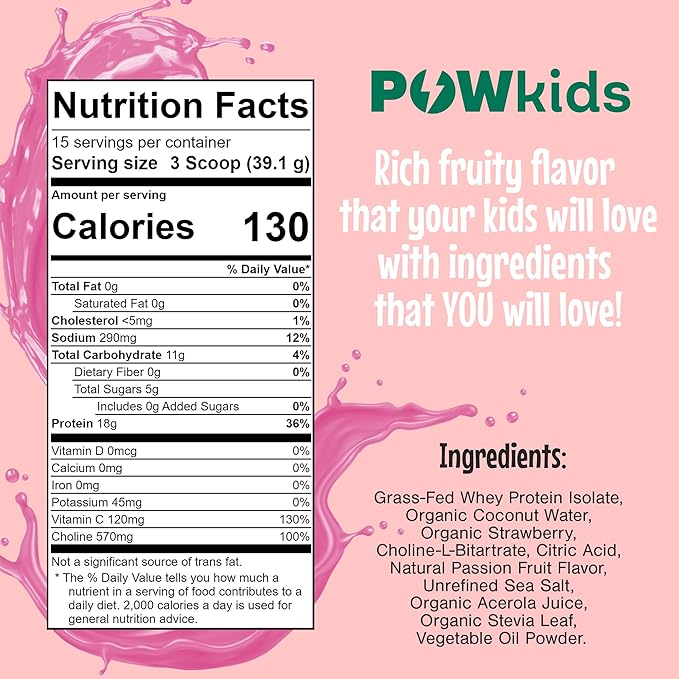 Kids Protein Powder – Zero Sugar, 18g Grass-Fed Whey Proteins, Organic Ingredients – Vitamin C & Choline for Immunity & Brain Development, Teens Shake, 15-45 Servings – Passionberry
