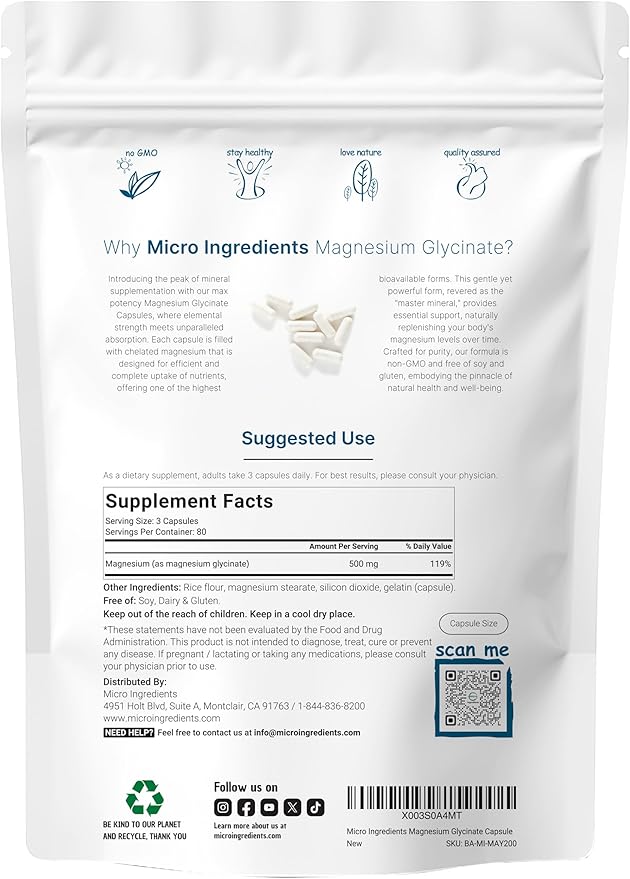 Micro Ingredients Magnesium Glycinate 500mg Per Serving, 240 Capsules | Potent Elemental Form, 100% Chelated, High Absorption | Healthy Muscle, Bones, & Mood Support Supplement | Non-GMO