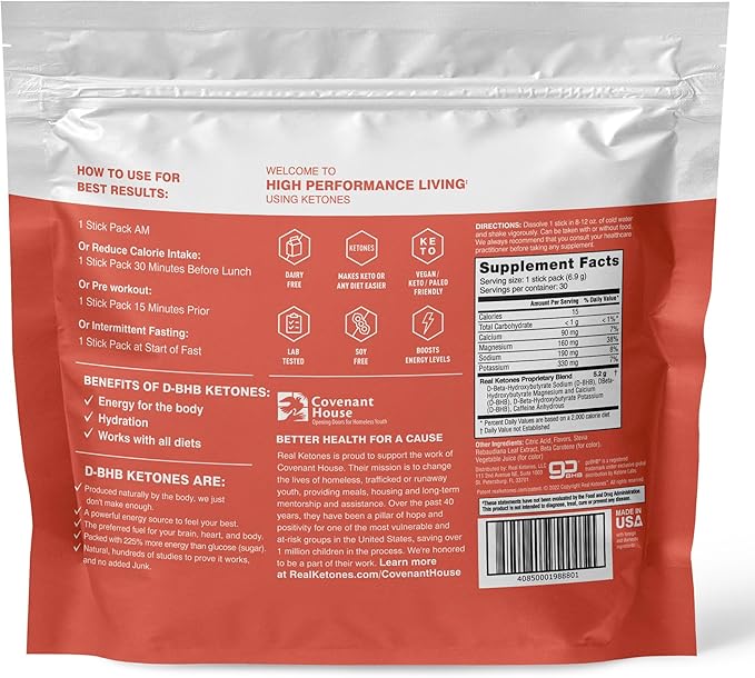 Real Ketones BHB Exogenous Ketones Drink Mix Packets Keto Electrolytes Powder Packets No Sugar with 4 Main Fasting Electrolytes Plus Hydrating Patented Keto BHB - 30 Count Peach Caffeine