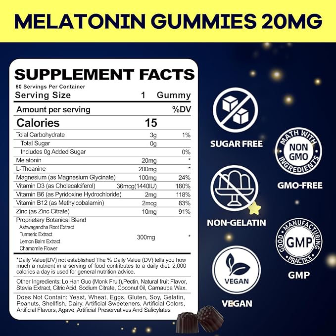 Melatonin 20mg Gummies for Adult: Sugar Free Melatonin Supplement Extra Strength with Ashwagandha L-Theanine Magnesium Turmeric Vitamin D3 B6 B12 - Non-Habit Forming for Women Men(120Count)