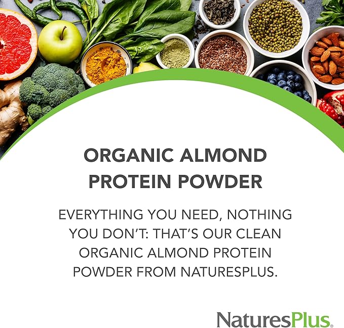 Natures Plus Almond Protein Powder - 1.04 lbs, Unflavored - USDA Certified Organic, Non-GMO Vegan Protein Powder, No Added Sugar, Promotes Muscle Recovery - Vegetarian, Gluten-Free - 15 Servings