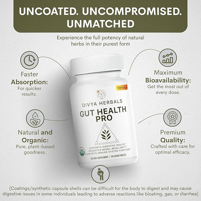 Gut Health Pro - Detox, Digestive Health, Gas & Bloating Relief - Constipation Support - Immune Boost - Organic Triphala Supplement - for Women & Men - Uncoated Vegan Tablets - 60 Svgs