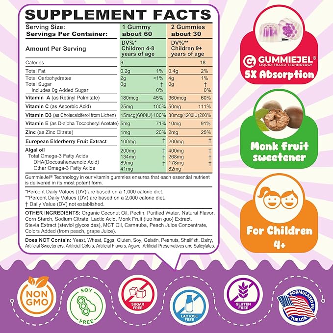 Kids Multivitamin + Immune Support Gummies, Vitamin C D3 & Zinc, Omega-3, Vitamin A, E, Elderberry, Kids Vitamin Gummies for Healthy Development, Immunity, Bone Growth & Eye Health, Sugar Free, 60 Cts