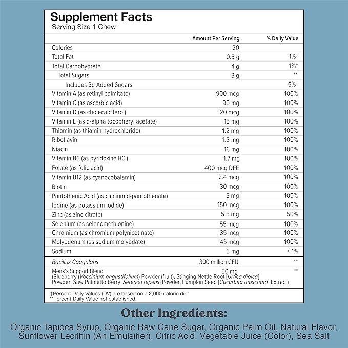 Chewsy Men's Multivitamin Chews, Immune & Energy Support, Vitamin A, B12, C, D3, E, Folic Acid, Probiotics, Saw Palmetto, Zinc, Adult Chewable Vitamin, Individually Wrapped Chews, 30-Day Supply (1)