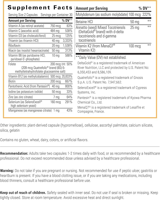 Integrative Therapeutics ProThrivers Wellness Multivitamin - Multivitamin with Vitamin C, Vitamin B12, and Folate - Gluten Free - Dairy Free - 60 Capsules