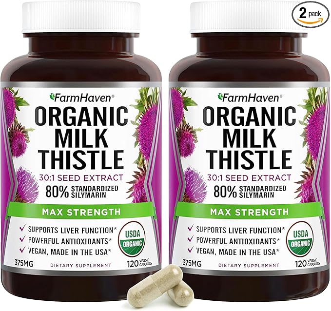 FarmHaven Silymarin Milk Thistle Capsules | 375mg Strength | 30X Concentrated Seed Extract & 80% Standardized Silymarin| Non-GMO | 120 Veggie Capsules, Pack 2