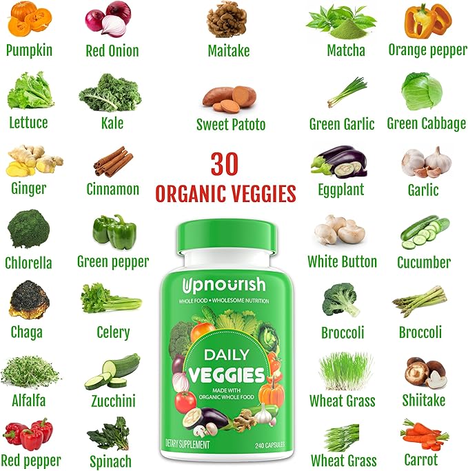 UpNourish Organic Fruits and Veggies Supplement - Support Diet Balance, Body Cleanse & Energy - 480 Fruits and Super Greens Capsules from Nature - Fruit and Vegetable Supplements for Adults & Kids