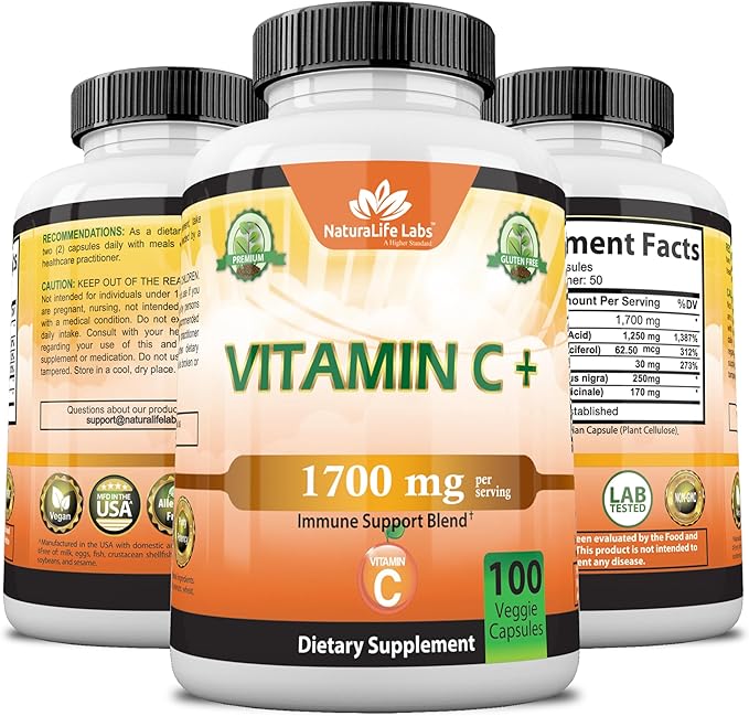 NaturaLife Labs A Higher Standard Vitamin C 1,700 MG with Vitamin D3, Zinc, Elderberry, Ginger Root - Maximum Strength Multi System Immune Support- 100 Veggie Capsules