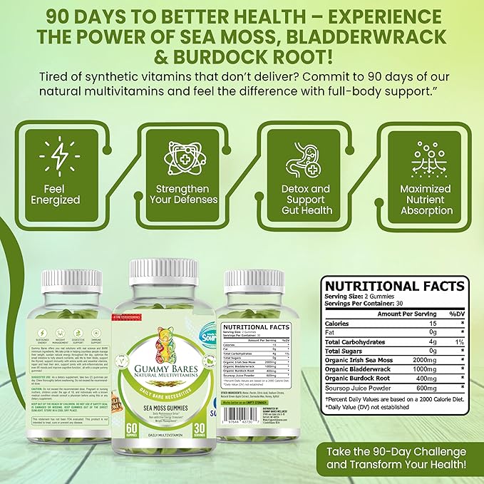Sea Moss, Bladderwrack, Burdock Root & Soursop Gummies | Immune Support, Joint Inflammation Support, Energy Boost, 0g Sugar | Vegan, 60 Count