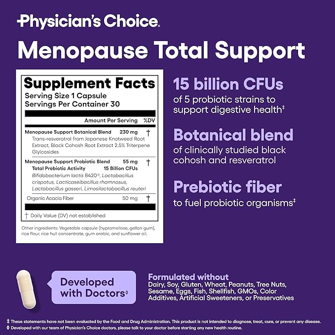 Physician's CHOICE Menopause Probiotic Supplement for Women - Supports Hormone Balance, Hot Flashes, Night Sweats, Weight Management, Bloating & Gut Health - with Black Cohosh, Resveratrol+ - 30ct