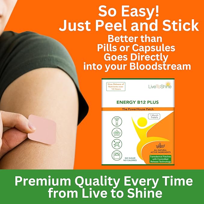 Live To Shine B12 Energy Plus Topical Patch - Energy and Focus Support for Women and Men - 30-Day Supply - USA Made