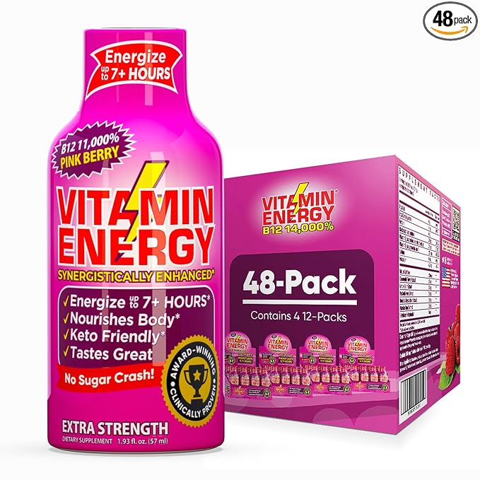 Vitamin Energy B12 11,000% Extra Strength Energy Shot Pink Berry 48 Pack, 260mg Natural Caffeine, B12 & B6, Nootropic Focus, Vitality, Zero Sugar, Gluten-Free, Vegan, Kosher, 1.93 fl oz