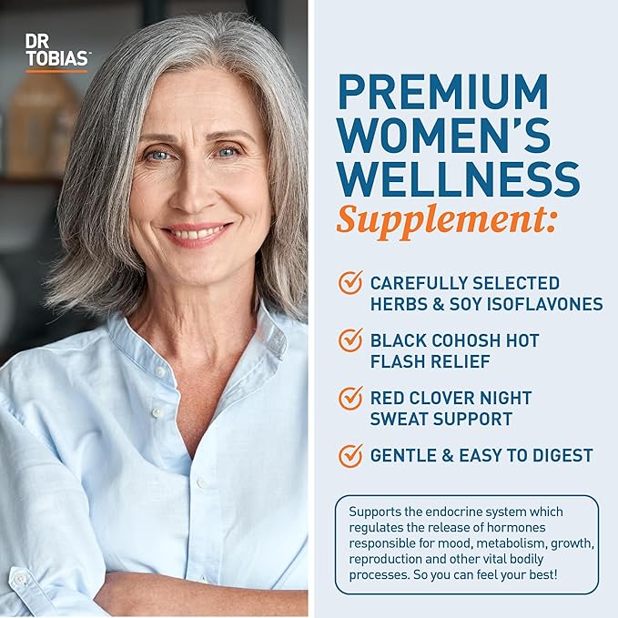 Dr. Tobias Menopause Relief with Black Cohosh, Soy Isoflavones, Don Quai, Hot Flash & Night Sweats Relief for Women, Non-GMO Menopause Supplements for Women, 60 Capsules, 30 Servings