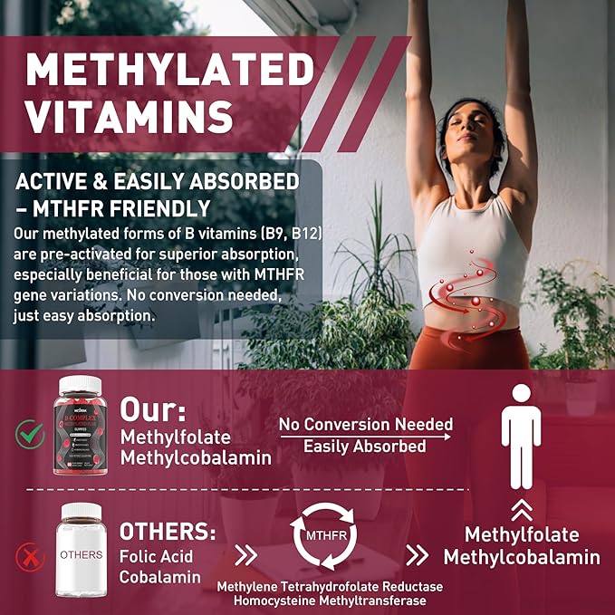 Brain & Mood Support Gummies, Super Vitamin B Complex for Men & Women, All B Vitamin B1 B2 B3 B5 B6 B7 B9 MethyB12 with PABA, Inositol, Choline, Supports MTHFR Gene & Energy, Vegan, 120Ct