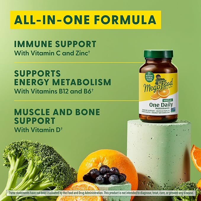 MegaFood Men's 40+ One Daily Multivitamin for Men with Vitamin B, Vitamin D3, Selenium, Zinc & Real Food - Immune Support, Energy Metabolism, and Muscle & Bone Health – Non GMO; Vegetarian - 30 Tabs