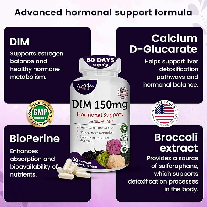 Women’s DIM Complex 150mg - Bioperine Estrogen Balancing Pills for Menopause & Hot Flashes Relief Support Hormonal Acne Powerful Supplement - 60 Capsules - Made in USA