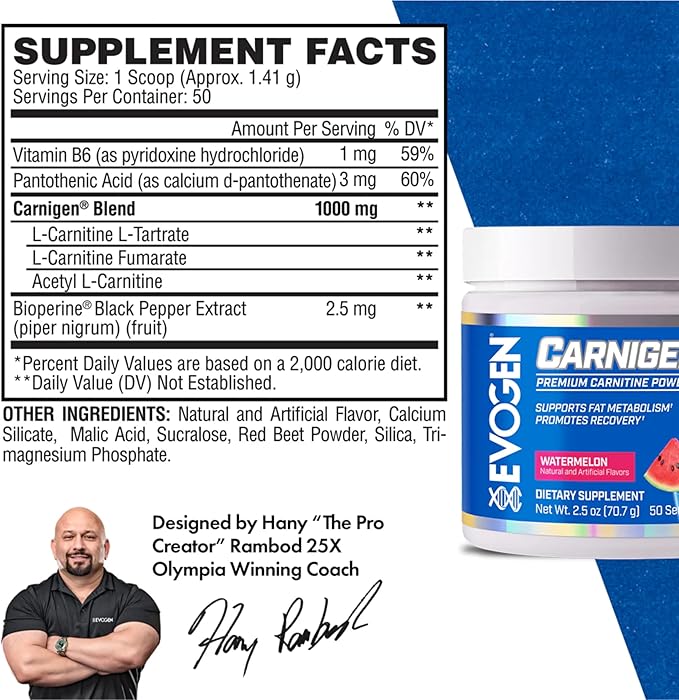 Evogen Carnigen - Premium Carnitine Powder | Supports Fat Metabolism & Promotes Recovery | Stimulant-Free L Carnitine Supplement Matrix with Acetyl L-Carnitine | Watermelon | 50 Servings