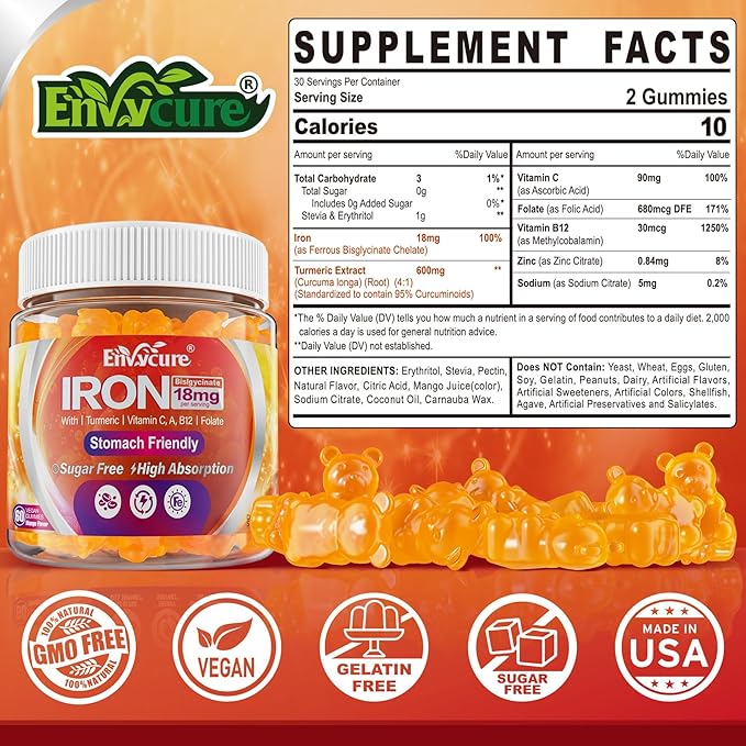 Sugar Free Iron Gummies 18mg for Women Men, Iron Bisglycinate Supplement Gummies with Vitamin C, Turmeric & Folate - Blood Builder for Iron Deficiency, Anemia & Energy, Non-Constipating (2 PACK)