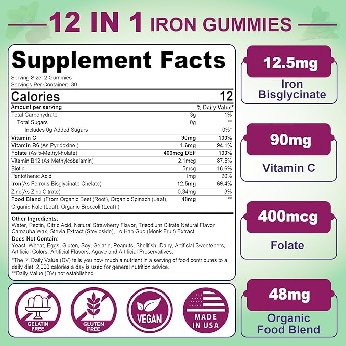 Vegan Iron Gummies Supplement - High Absorption Chelated Bisglycinate Iron with Vitamin C, B-Complex, Folate for Energy, Blood Builder Iron Filled Supplement for Adults & Kids - No After Taste, 60Cts