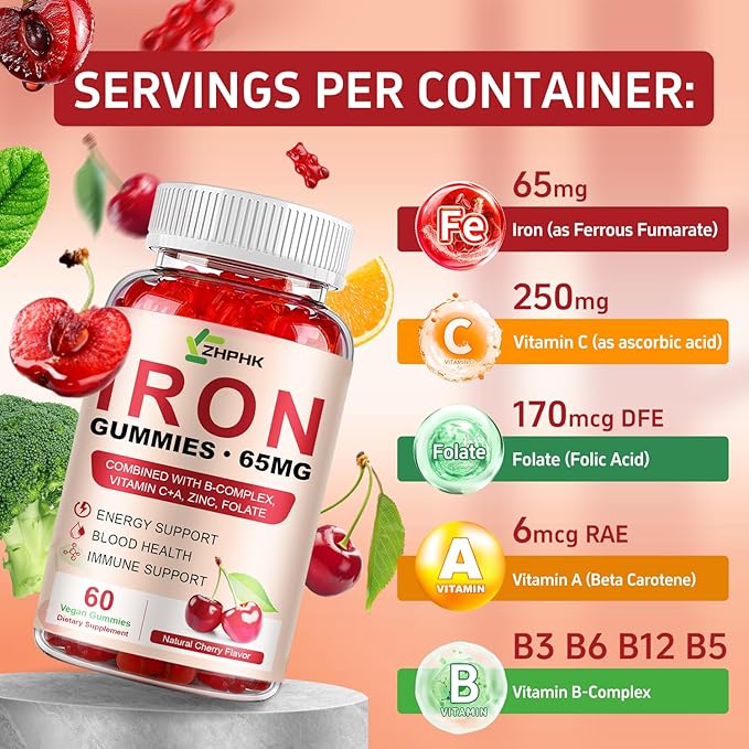 Iron Gummies Supplement for Women, Men & Kids, Iron 65mg with 250mg Vitamin C B6 B12 Folate Healthy Blood, Energy & Immune Support Gentle on Stomach Ferrous Fumarate, 120 Count
