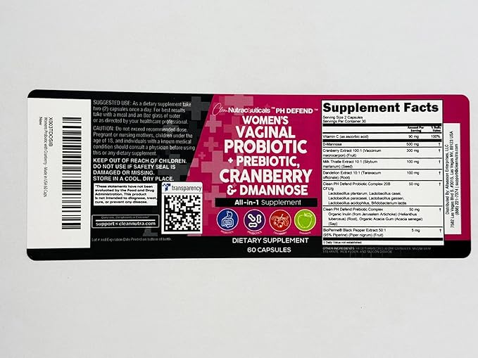Clean Nutraceuticals Vaginal Probiotics for Women with Cranberry, D-Mannose, Prebiotics, pH Balance Support, Feminine Health, Urinary Tract Cleanse – Capsule Alternative to Gummies – 60 Count