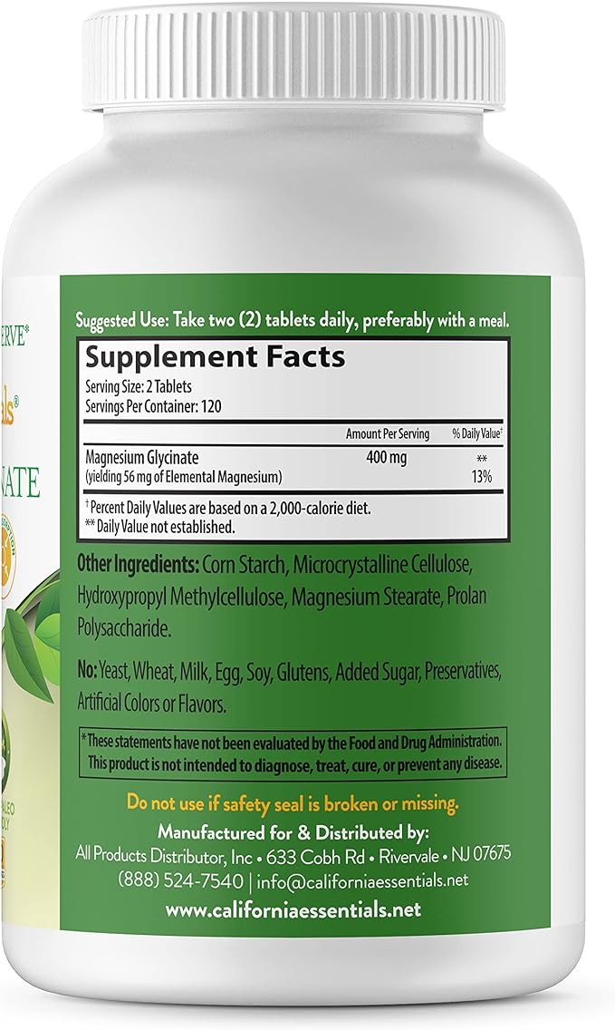 Magnesium Glycinate 400 - Chelated, High Absorption Magnesium for Muscle Relief, Bone & Heart Support -Vegan, Non-GMO, Gluten-Free 240 Tablets (Servings 120, Serving Size (2) 200mg Tablets)