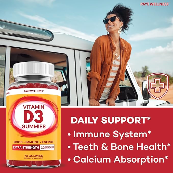 PAYÉ Vitamin D Gummies, D3, 10,000 IU (250 mcg) per Serving, Dietary Supplement for Bone, Teeth, Muscle and Immune Health Support Kids and Adults* - 140 Count